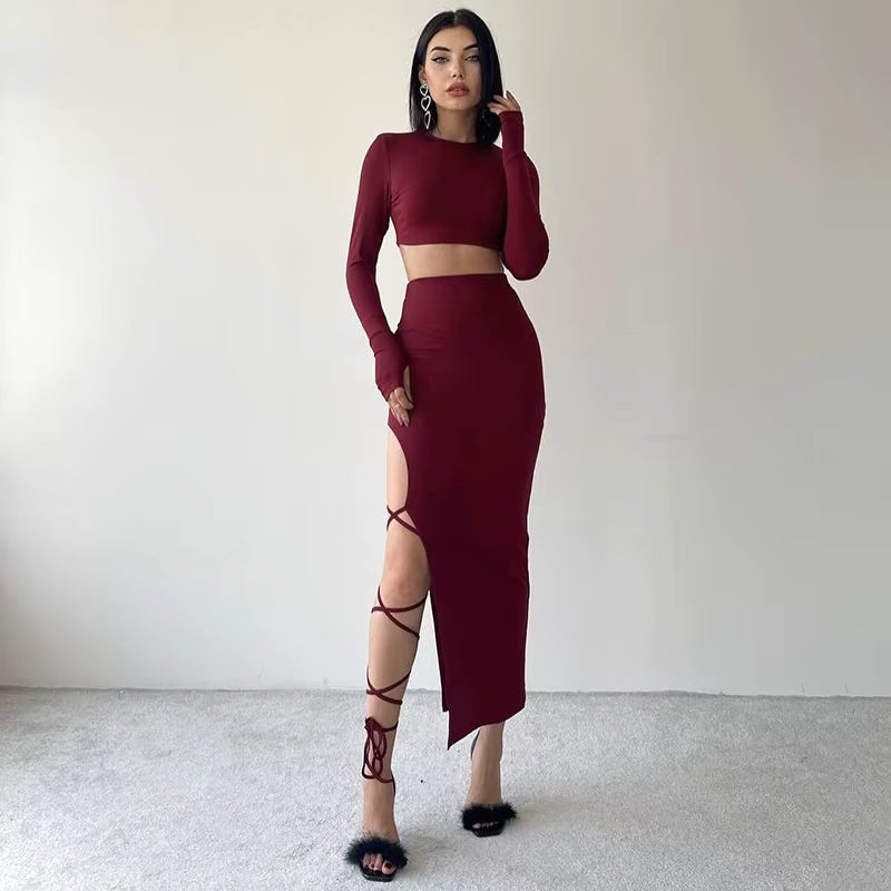 Pullover Long Sleeve Simple Crop Top Elastic Waist Halter High Split Legless Sexy Tie Solid Colour Half Skirt Set