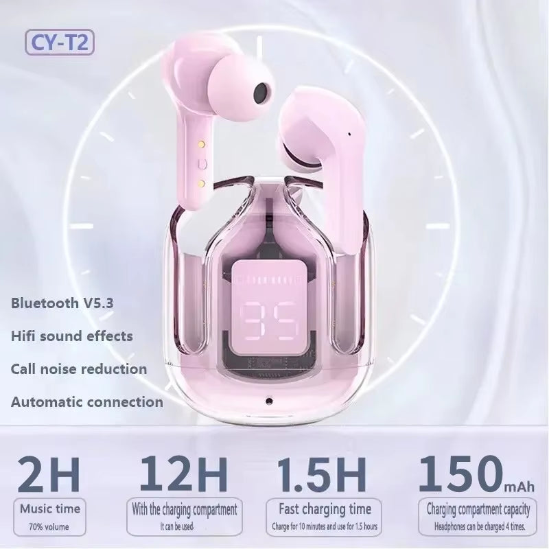 T2 Wireless Bluetooth Earphones with Transparent Design, HIFI Sound, LED Power Display, and Stereo Audio for Xiaomi