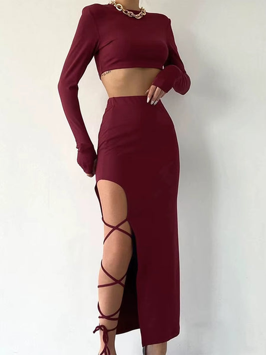 Pullover Long Sleeve Simple Crop Top Elastic Waist Halter High Split Legless Sexy Tie Solid Colour Half Skirt Set