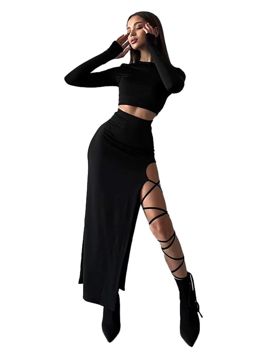 Pullover Long Sleeve Simple Crop Top Elastic Waist Halter High Split Legless Sexy Tie Solid Colour Half Skirt Set