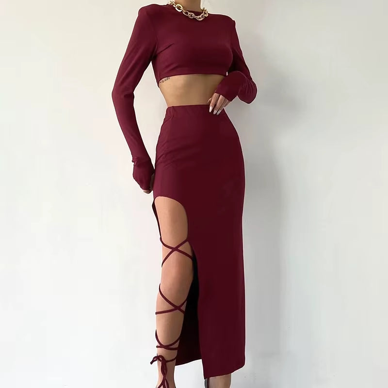 Pullover Long Sleeve Simple Crop Top Elastic Waist Halter High Split Legless Sexy Tie Solid Colour Half Skirt Set