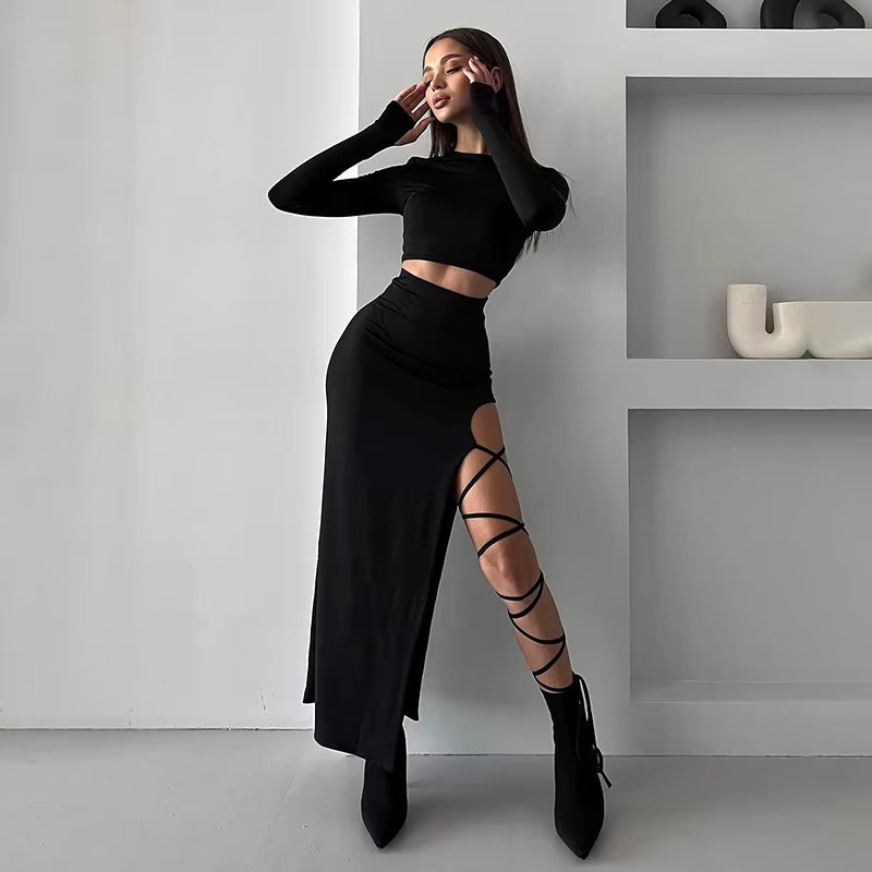 Pullover Long Sleeve Simple Crop Top Elastic Waist Halter High Split Legless Sexy Tie Solid Colour Half Skirt Set